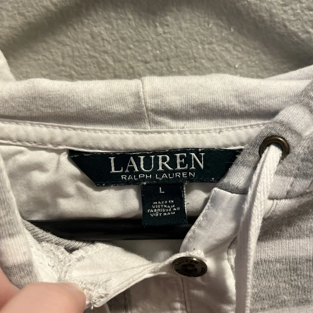 Lauren Ralph Lauren Womens Large Henley Style Shirt‎ W/hood Gray White Striped